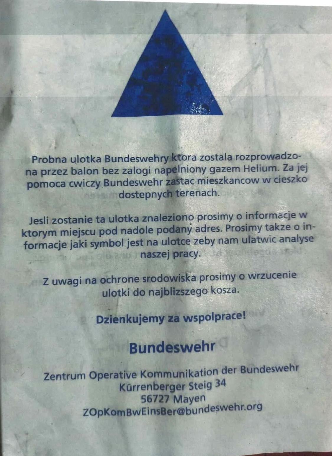 Ulotki Bundeswehry spadły z nieba. “Nie zwiastują zagrożenia”